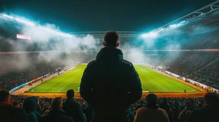 A dedicated soccer fan watches a vibrant match from the stands, surrounded by enthusiastic spectators and illuminated by bright stadium lights, creating an electrifying atmosphere.の素材