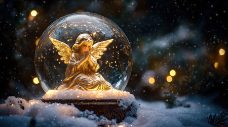 A mesmerizing snow globe featuring a beautifully crafted angel figurine, lit softly to create a magical winter scene filled with swirling snowflakes and warm lights.の素材