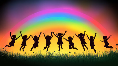 A lively silhouette of children joyfully jumping in front of a bright rainbow, set against lush green grass, symbolizing happiness, freedom, and the beauty of childhood.の素材
