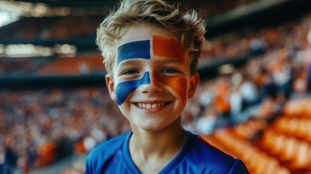 A joyful young boy with colorful face paint smiles brightly in a bustling stadium, embodying the spirit of camaraderie and enthusiasm during an exciting sporting event.の素材