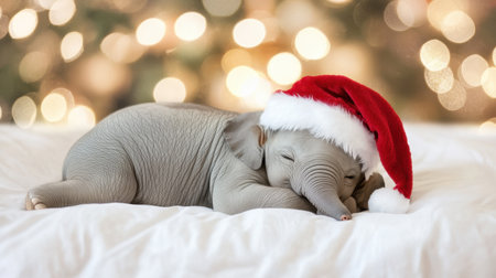 A heartwarming scene features a baby elephant wearing a Santa hat, peacefully sleeping on a soft white blanket with a festive, blurry background of glowing Christmas lights.の素材