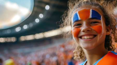 A joyful young girl displays her enthusiasm for a sports event, adorned with colorful face paint and a bright smile, capturing the spirit of celebration in a lively stadium.の素材