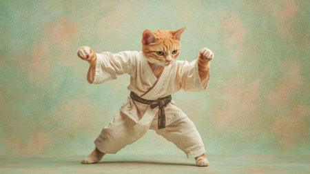 A charming cat dressed in a karate gi strikes a playful pose, exuding determination and focus. Ideal for showcasing the fun side of pets and martial arts culture.の素材