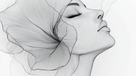 A stunning black and white illustration features a woman's profile with elegant floral elements, capturing beauty and elegance in a minimalist design that inspires creativity.の素材