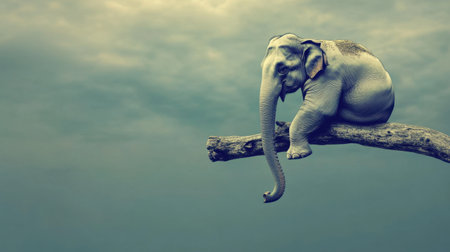 Capture the charm of nature with this striking image of an elephant perched on a tree branch under a moody sky, highlighting the beauty and whimsy of wildlife in an imaginative setting.の素材
