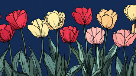 Bright and colorful hand-drawn tulips on a dark blue backdrop, ideal for graphic projects, floral decor, or spring-themed artwork showcasing nature's beauty.の素材