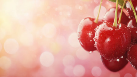 A stunning close-up of red cherries glistening with water droplets, set against a beautifully blurred colorful background, ideal for food lovers and healthy recipe enthusiasts.の素材