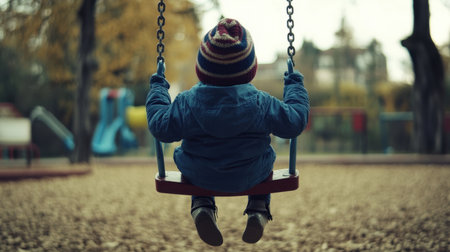 A child swings joyfully in an autumn playground, surrounded by colorful trees and play equipment, capturing a serene moment of childhood and exploration in nature.の素材