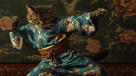 A whimsical image of a playful cat dressed in a traditional robe, striking a martial arts pose against a rich floral backdrop. This lively scene captures humor and creativity.の素材