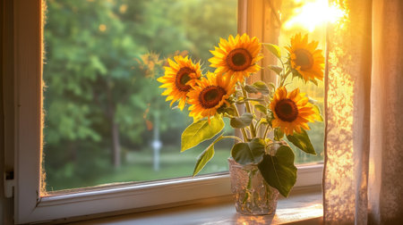 A stunning display of sunflowers sits in a vase by a window, bathed in golden sunlight and surrounded by lush greenery, creating an inviting and cheerful atmosphere indoors.の素材