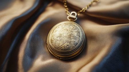 This exquisite vintage pocket watch features intricate floral engravings and a golden finish, beautifully displayed on soft satin fabric, capturing a sense of elegance and nostalgia.の素材