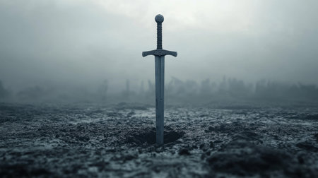 A stunning image of a sword deeply embedded in the ground, surrounded by fog, evoking themes of courage and mysterious adventures in a dark horizon.の素材