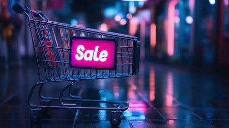 A striking shopping cart features a glowing sale sign, creating a vibrant urban atmosphere. The wet pavement reflects colorful neon lights, enhancing the nighttime shopping experience.の素材