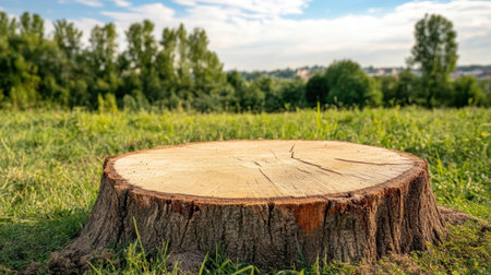 A freshly cut tree stump sits on vibrant green grass under a bright blue sky, surrounded by lush trees and an open landscape, showcasing nature's beauty and tranquility.の素材