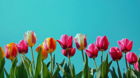 A gorgeous arrangement of colorful tulips in full bloom, set against a soft blue sky, creating a serene and joyful atmosphere perfect for springtime themes.の素材
