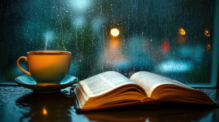 Enjoy a tranquil moment with an open book and warm cup, set against a rainy window with soft city lights, evoking feelings of comfort and relaxation.の素材