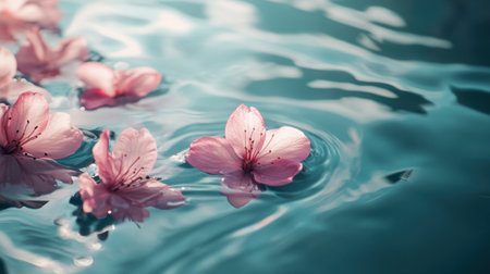Cherry blossom petals float on a tranquil water surface, creating a serene and soothing ambiance, perfect for art or nature themes that evoke peace and harmony.の素材