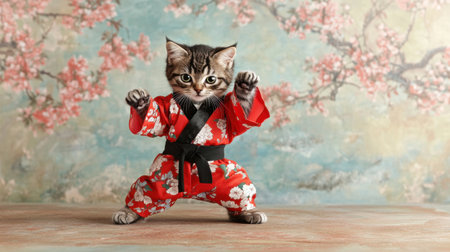 A charming kitten dressed in a vibrant red karate outfit strikes a playful pose against a beautiful cherry blossom backdrop, showcasing a delightful blend of cuteness and martial arts spirit.の素材
