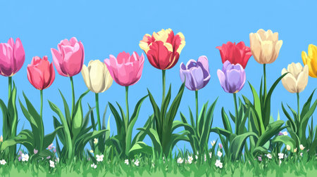 A picturesque scene of various colorful tulips blooming against a clear blue sky, surrounded by lush green grass, embodying the essence of spring and nature's beauty.の素材