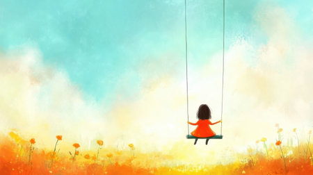 A whimsical illustration of a little girl in a red dress swinging peacefully, set against a dreamy landscape filled with flowers and a vibrant, pastel sky.の素材