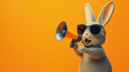 A cheerful cartoon rabbit wearing sunglasses holds a megaphone against a bright orange background, exuding fun and vibrancy, ideal for playful visual projects and marketing.の素材