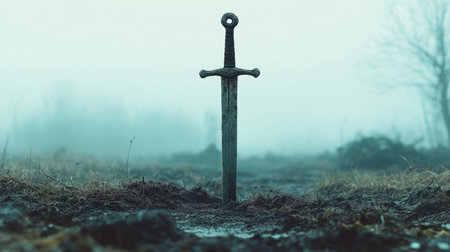A stunning visual of a lone sword embedded in the ground, shrouded in fog, evoking themes of history, bravery, and the mysterious tales of past battles. Ideal for storytelling and exploration.の素材