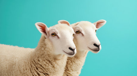 This charming image features two sheep with soft wool and gentle expressions, creating a unique portrayal of farm life against a vibrant turquoise backdrop.の素材