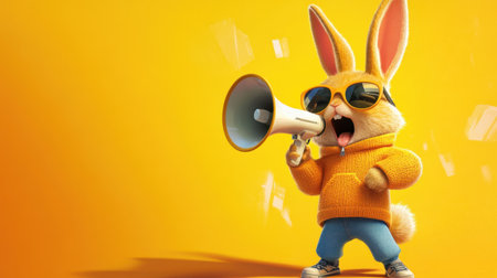 A lively cartoon rabbit wearing sunglasses and an orange sweater joyfully shouts into a megaphone, embodying a playful and energetic vibe against a bright yellow backdrop.の素材