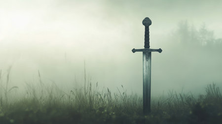 A solitary sword rises from the ground amidst a mystical fog, evoking themes of adventure and bravery in nature. This enchanting scene captures timeless beauty and intrigue.の素材