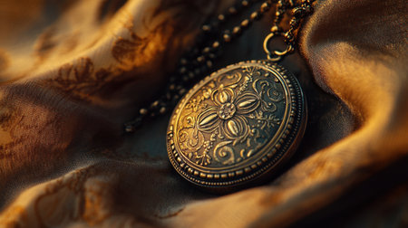 A beautifully detailed vintage pocket watch rests elegantly on luxurious silk fabric, showcasing intricate craftsmanship and timeless design in a rich, captivating still life composition.の素材