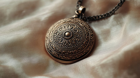 Discover an aesthetically pleasing vintage locket featuring a detailed floral design, beautifully showcased against a soft, silky background, perfect for jewelry lovers.の素材