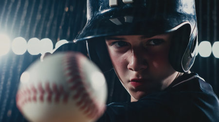 Young athlete intensely focuses on the baseball pitch, poised for action in a dramatic light setting, embodying determination and passion for the sport.の素材