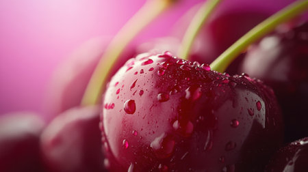 Close-up of fresh red cherries with glistening water droplets on their surface, set against a soft pink background, representing summer refreshment and natural sweetness.の素材