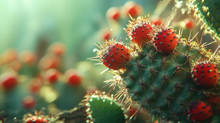 A stunning close-up of a cactus featuring bright red fruits and characteristic spines, set against a soft-focus background of lush greenery, showcasing the beauty of desert flora.の素材