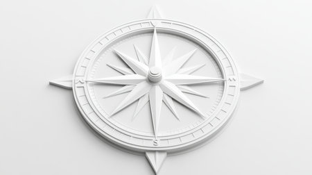 A clean and modern white compass resting on a minimalist background, representing travel, navigation, and adventure, perfect for various travel-related themes and designs.の素材