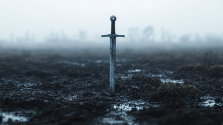 An enigmatic sword emerges from the dark, muddy ground of a fog-laden marsh, setting a dramatic and haunting scene that speaks to ancient tales and forgotten heroes.の素材