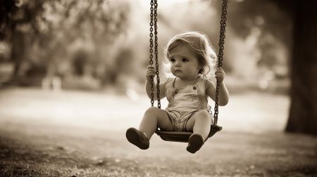 A serene image of a child swinging in a park, captured in soft sepia tones, evoking nostalgia and the simple joys of childhood amid nature's beauty.の素材