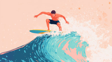 A stunning illustration of a surfer expertly riding a wave, surrounded by vivid colors and soft pastel tones, showcasing the thrill of water sports and summer fun.の素材