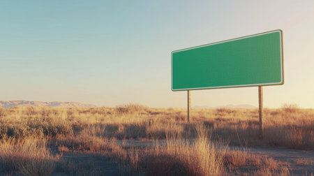 A striking image of an isolated green billboard in a barren landscape during sunset, highlighting the beauty of solitude and the vastness of nature.の素材