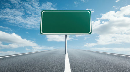 A blank road sign stands tall on a highway under a bright blue sky with white clouds, representing endless possibilities and choices for travelers seeking their next adventure.の素材