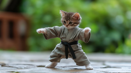 A charming and lively kitten in a martial arts outfit striking an adorable pose outdoors, showcasing playful energy and a tranquil green background. Perfect for pet lovers!の素材