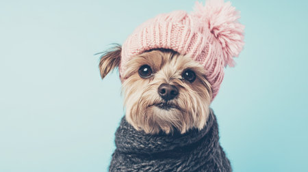 Cute small dog in a pink knit hat and gray sweater poses against a pastel blue backdrop. Perfect for showcasing winter fashion trends for pets and creating heartwarming imagery.の素材