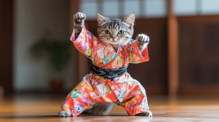 A charming cat dressed in a bright kimono strikes a playful martial arts pose, capturing a whimsical moment in a traditional Japanese indoor environment.の素材
