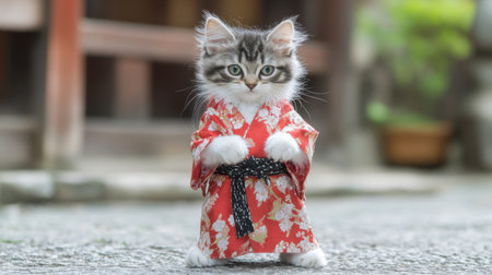A charming kitten dressed in a vibrant traditional kimono stands gracefully, adding a touch of cultural beauty to a peaceful outdoor scene, perfect for pet lovers and culture enthusiasts.の素材
