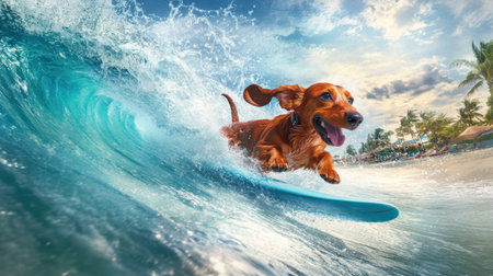 A cheerful dachshund rides a surfboard on vibrant ocean waves, showcasing the joy of canine adventure against a stunning beach backdrop under a sunny sky.の素材