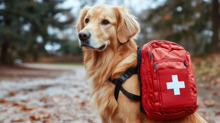 A golden retriever dog with a red first aid backpack stands proudly in a park during autumn, symbolizing care and companionship in nature's vibrant scenery.の素材