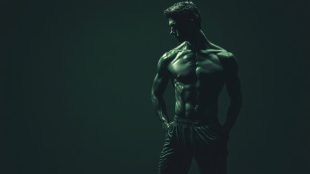 A striking portrayal of a muscular male figure illuminated by vibrant green light, showcasing the power and definition of the human body against a dark backdrop.の素材