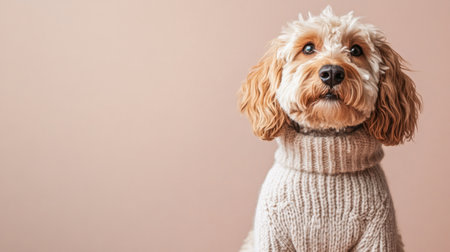 A charming dog dressed in a warm knit sweater sits gracefully against a soft background, showcasing its cute personality and perfect for pet-themed projects or fashion.の素材