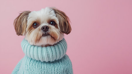 An adorable small dog in a soft blue sweater poses against a gentle pink backdrop, radiating charm and warmth, perfect for pet-themed projects and promotions.の素材