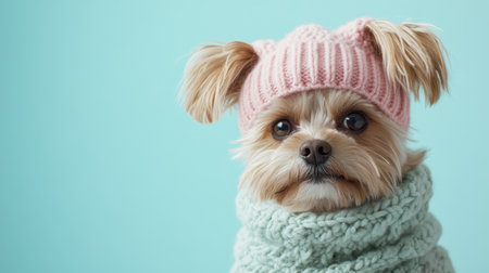 A charming small dog models a stylish pink knitted hat and a fluffy green scarf, perfectly capturing the essence of winter fashion and adorable pet style in a soft pastel setting.の素材